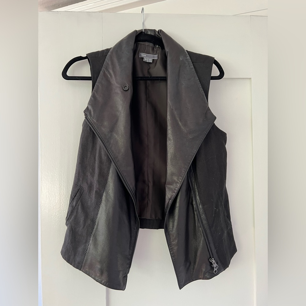 Vince black leather and linen vest, size M